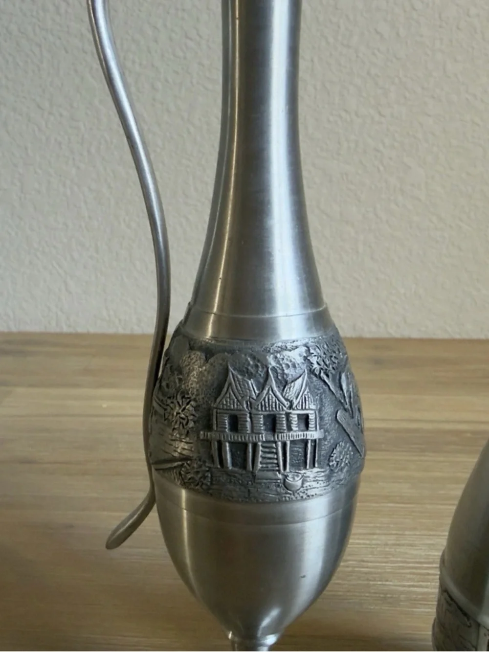 Vintage Pewter Skinny Bud Vases And Pitcher 8” and 6” Tall Silver Color Set of 2